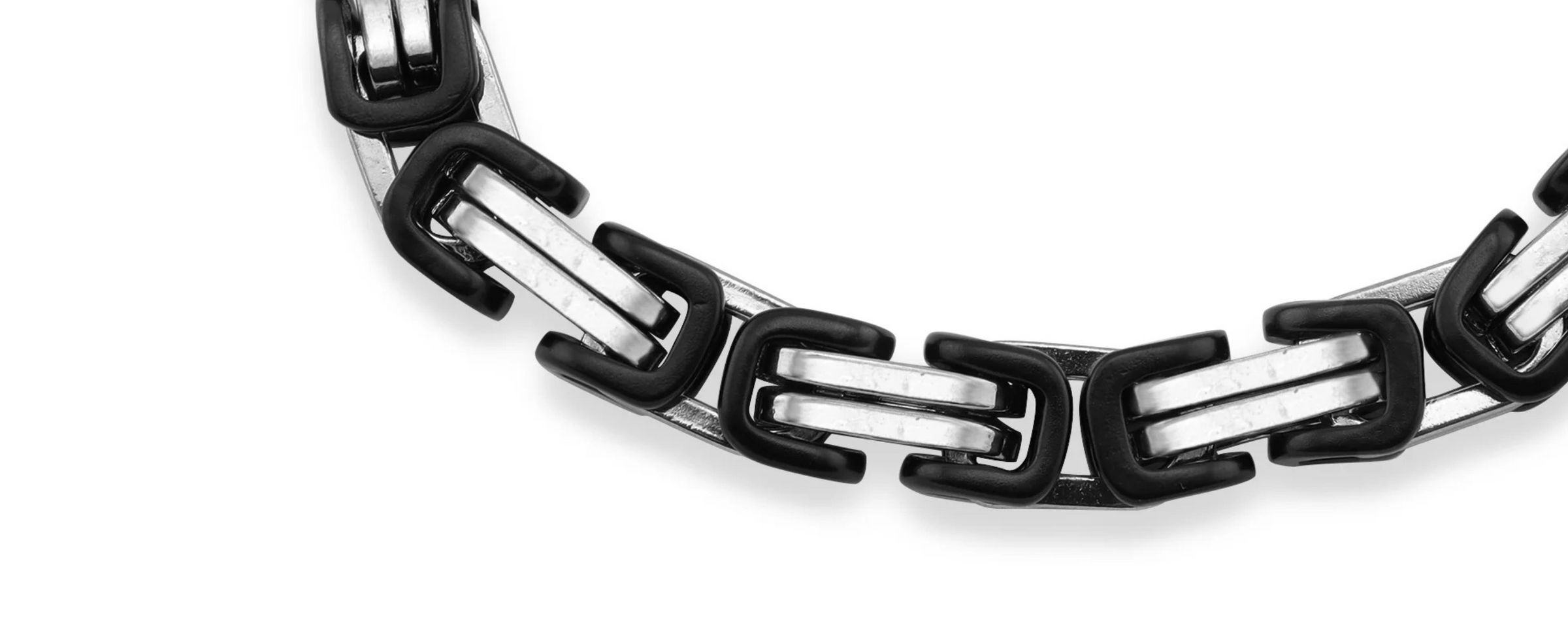 A close up image of a black and silver chain link bracelet