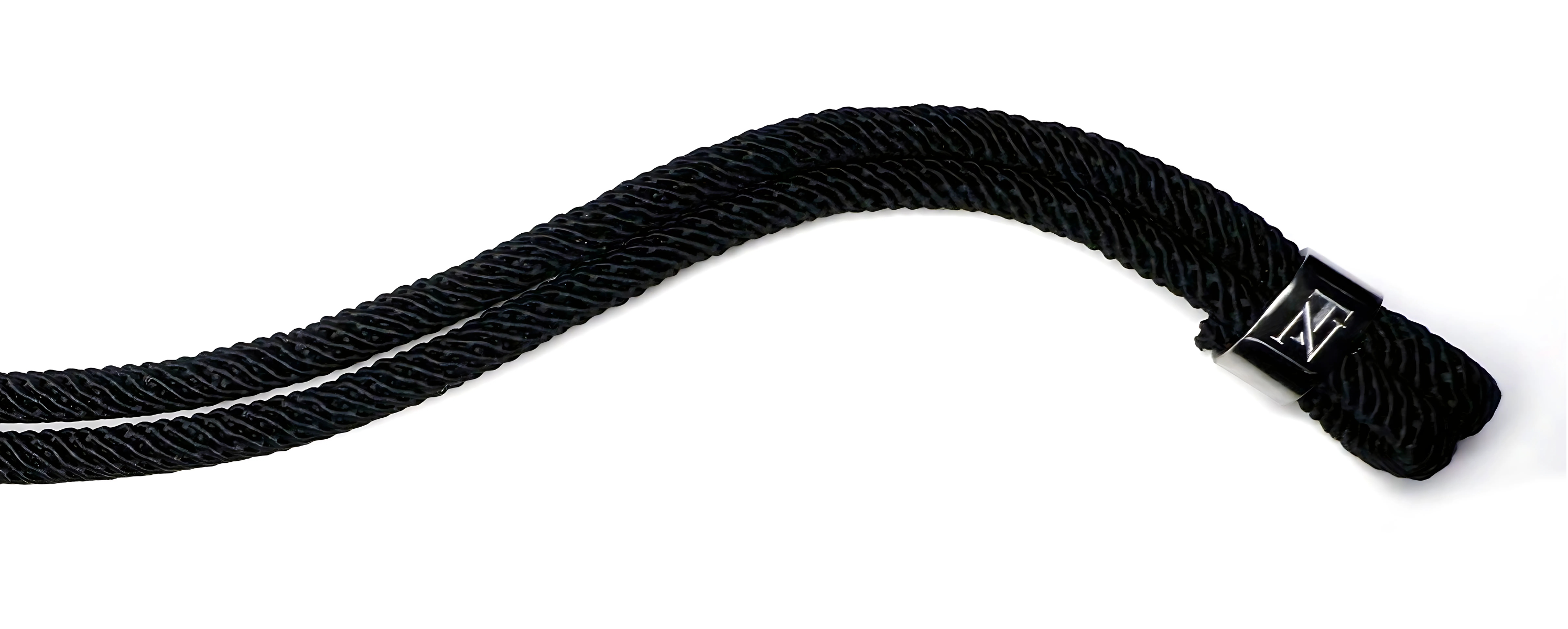 A rope bracelet on a plain white brackground with the Tribeca Noir symbol engraved