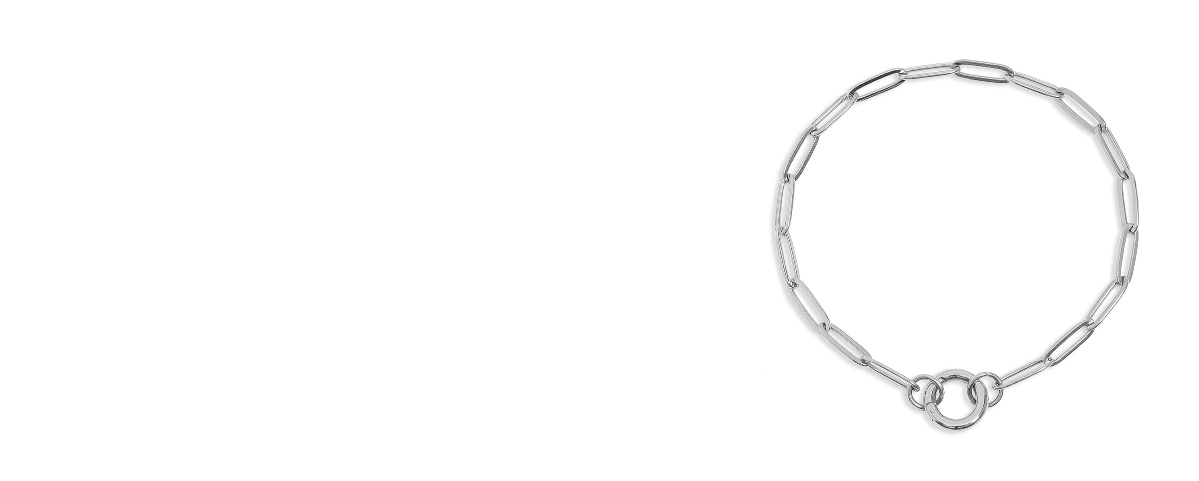 A close up shot of a women's paperclip silver necklace