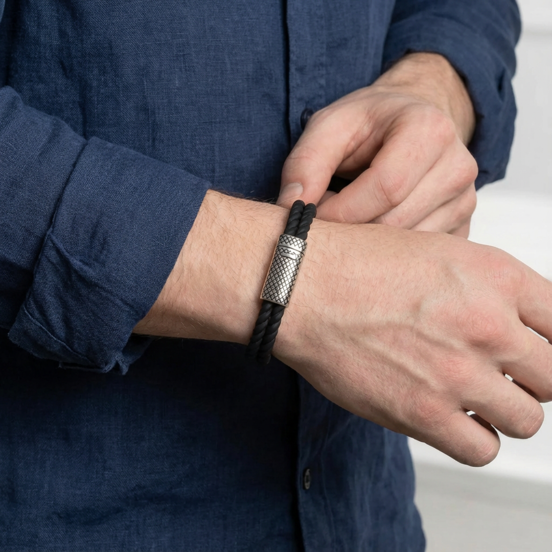 Canal Bracelet Steel: Braided Black Rubber Band