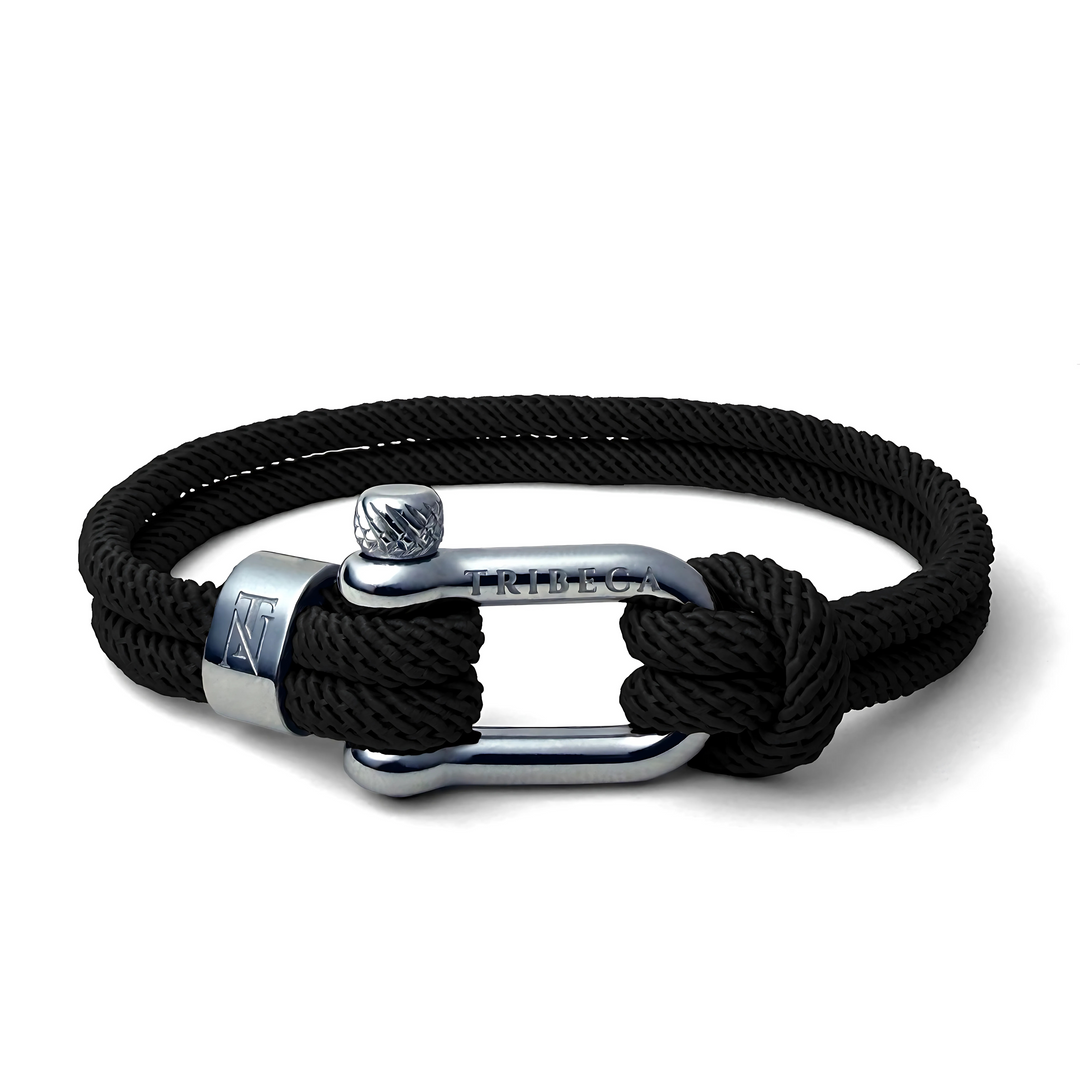 Black rope bracelet with stainless steel shackle clasp and binding accents