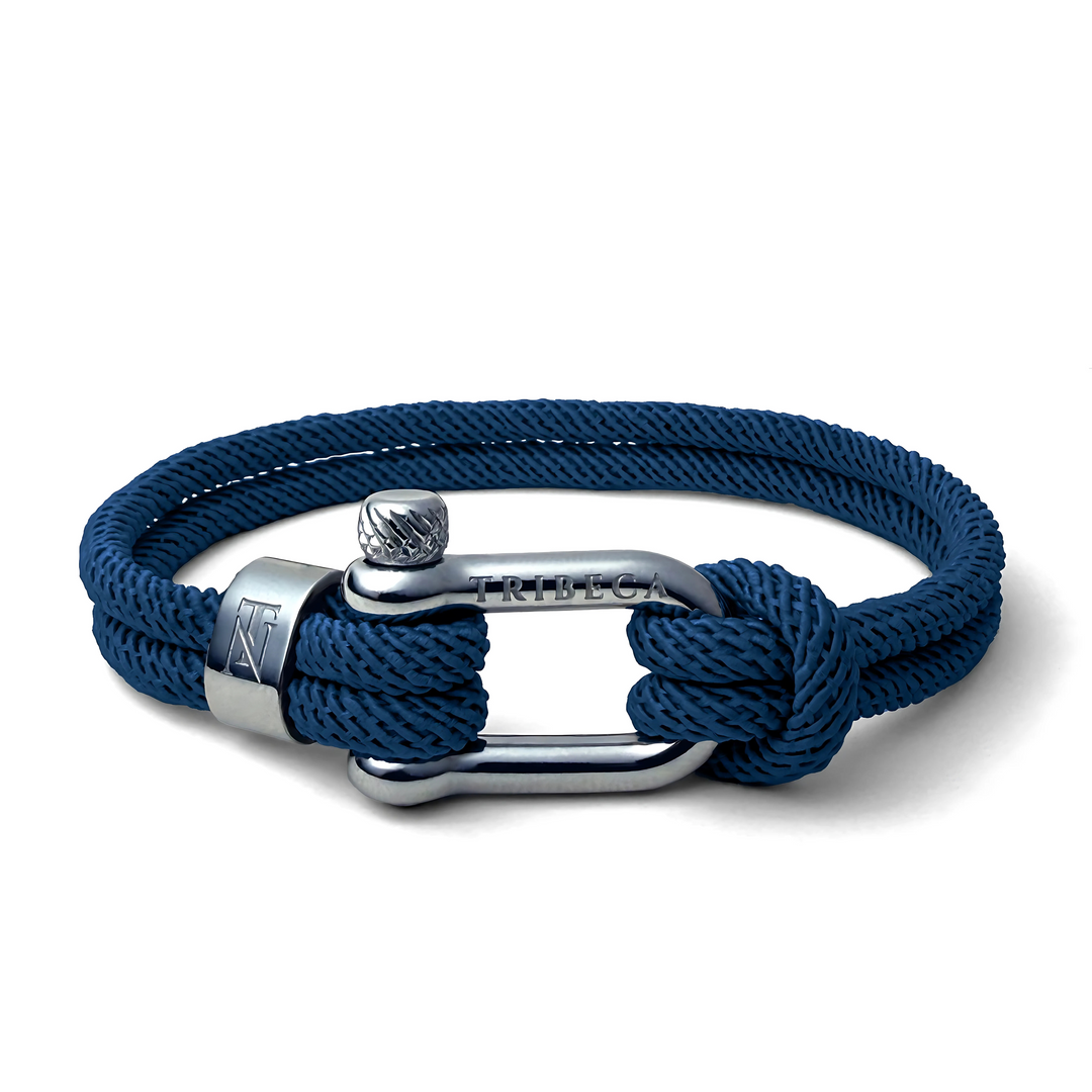 Blue rope bracelet with stainless steel shackle clasp and binding accents