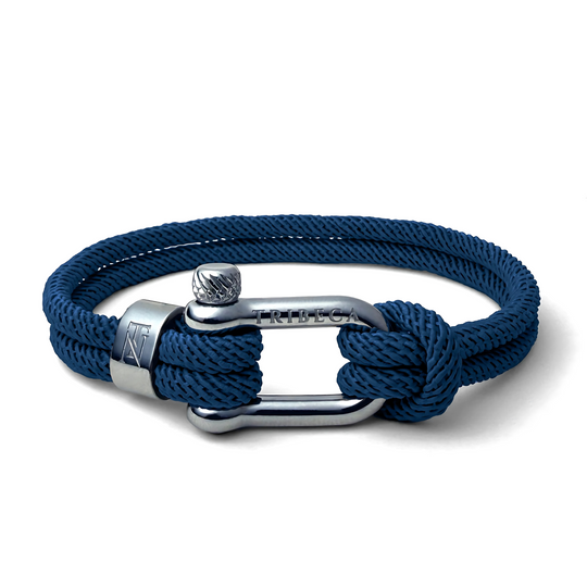 Blue rope bracelet with stainless steel shackle clasp and binding accents