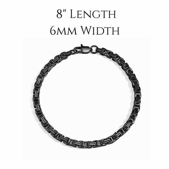 Black chain bracelet with 8-inch length and 6mm width on a white background