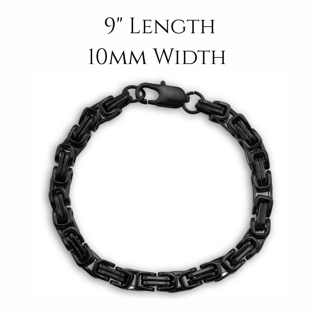 Black chain bracelet with measurements on a white background. 9" length 10mm width 