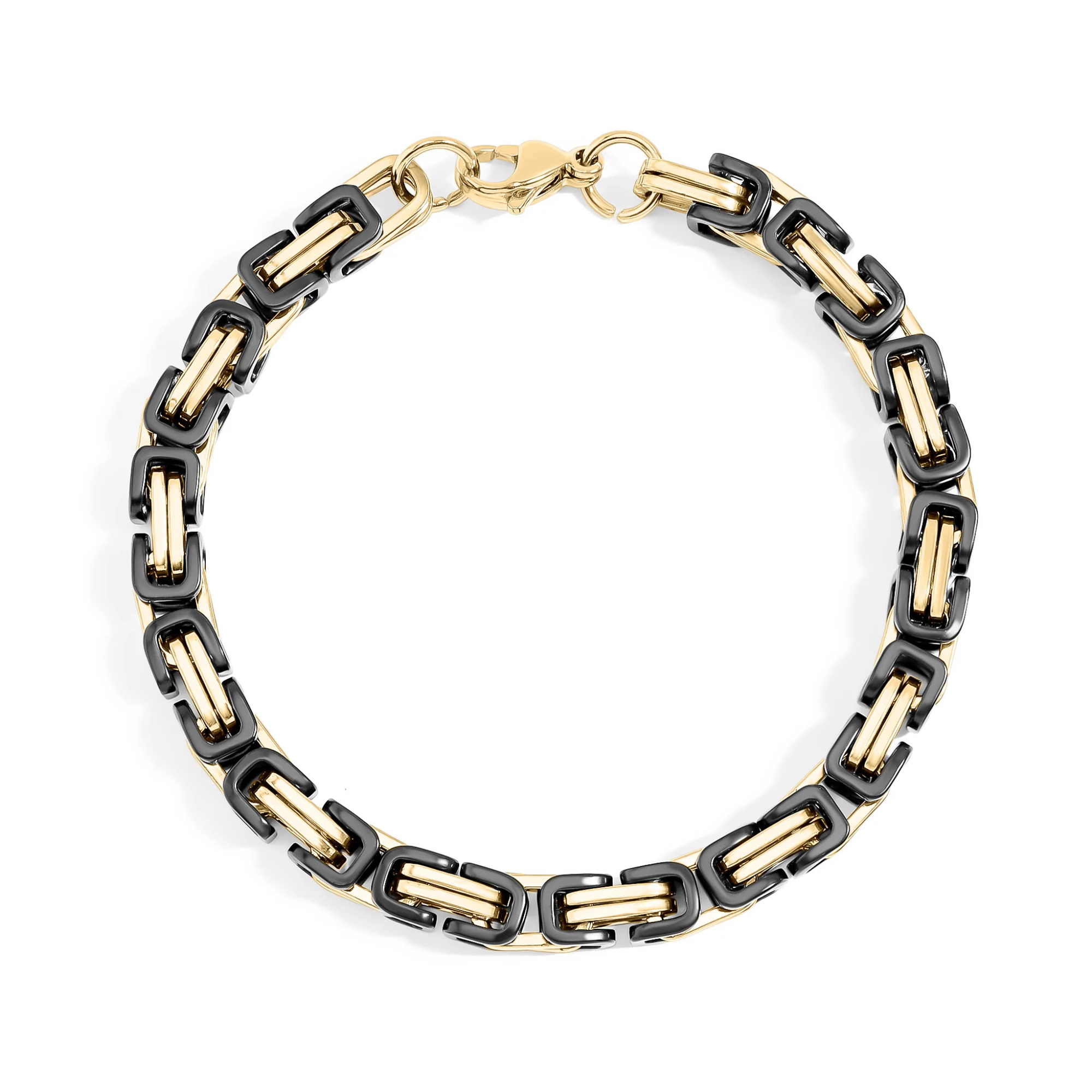 Bracelet with black and gold chain links on a white background