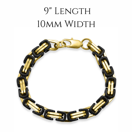 Gold and black chain bracelet with measurements on a white background. 9" length, 10mm width