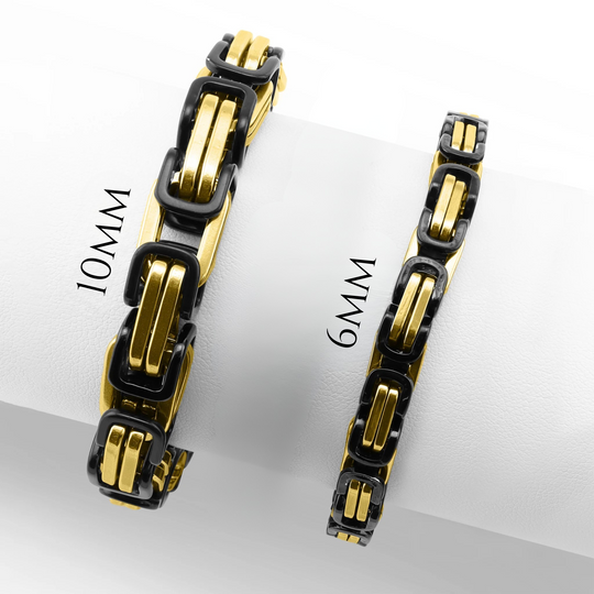 Two gold and black bracelets on a white surface with measurements indicated. 10 millimeters and 6 millimeters  