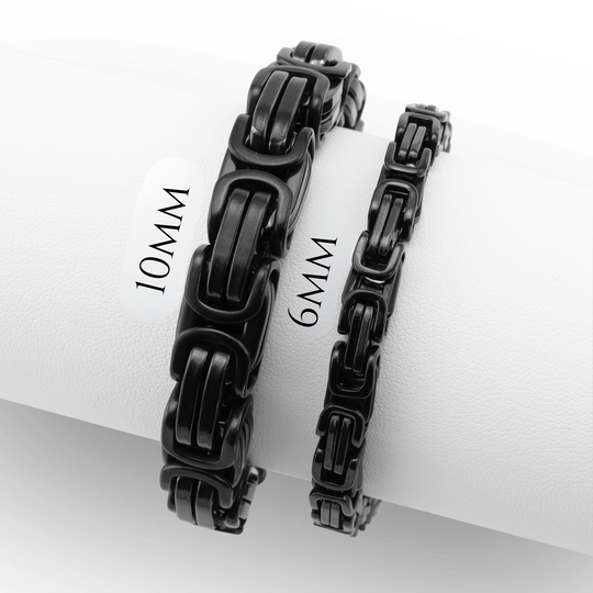 Two black chain bracelets on a white background with size labels. 10mm, 6mm