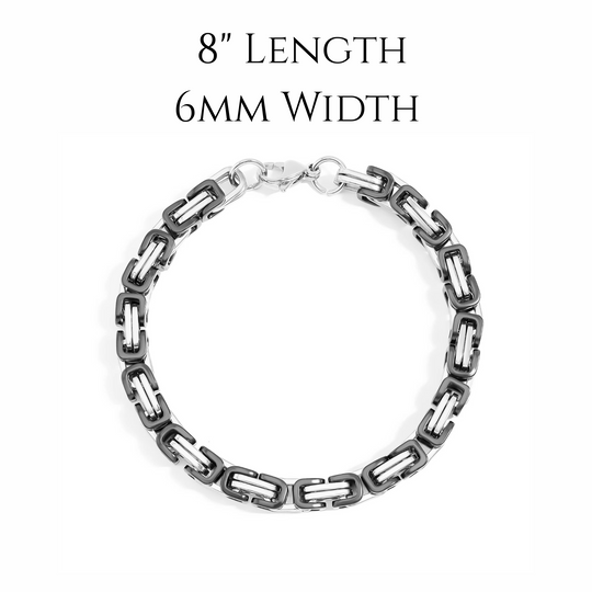Metallic black and steel chain bracelet with dimensions on a white background.  8 inch length, 6 millimeter width 