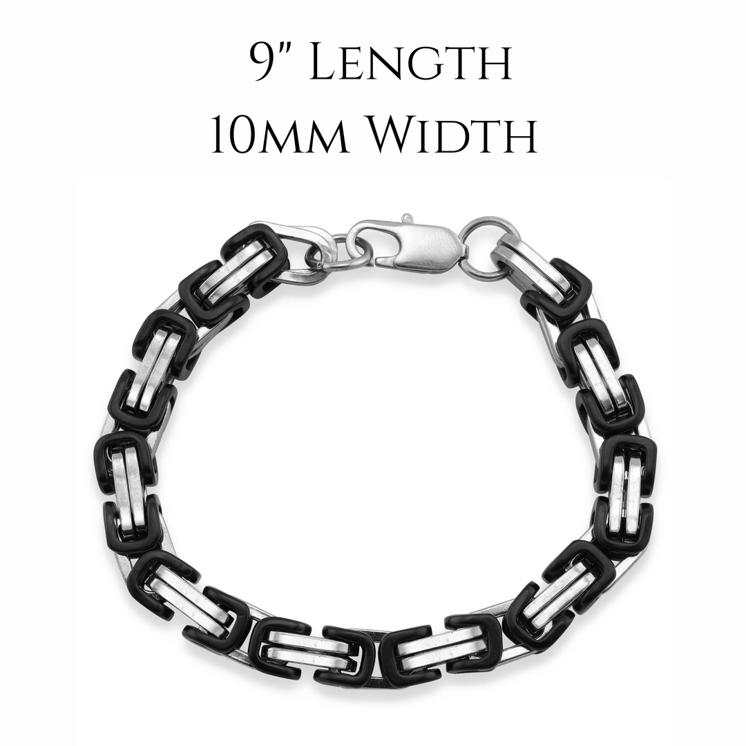 Black and silver chain bracelet with measurements on a white background. 9 inch length, 10 millimeter width 