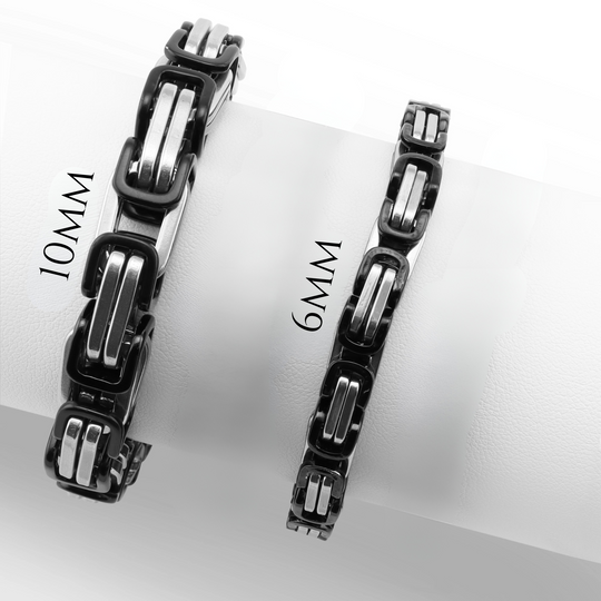 Two black metal bracelets on a white surface with '10MM' and '6MM' labels.