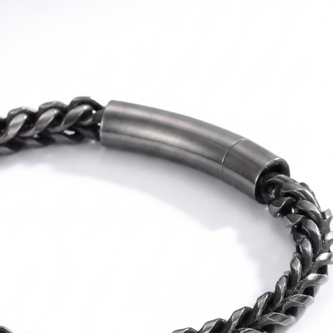 Close-up of a black metal bracelet on a white background