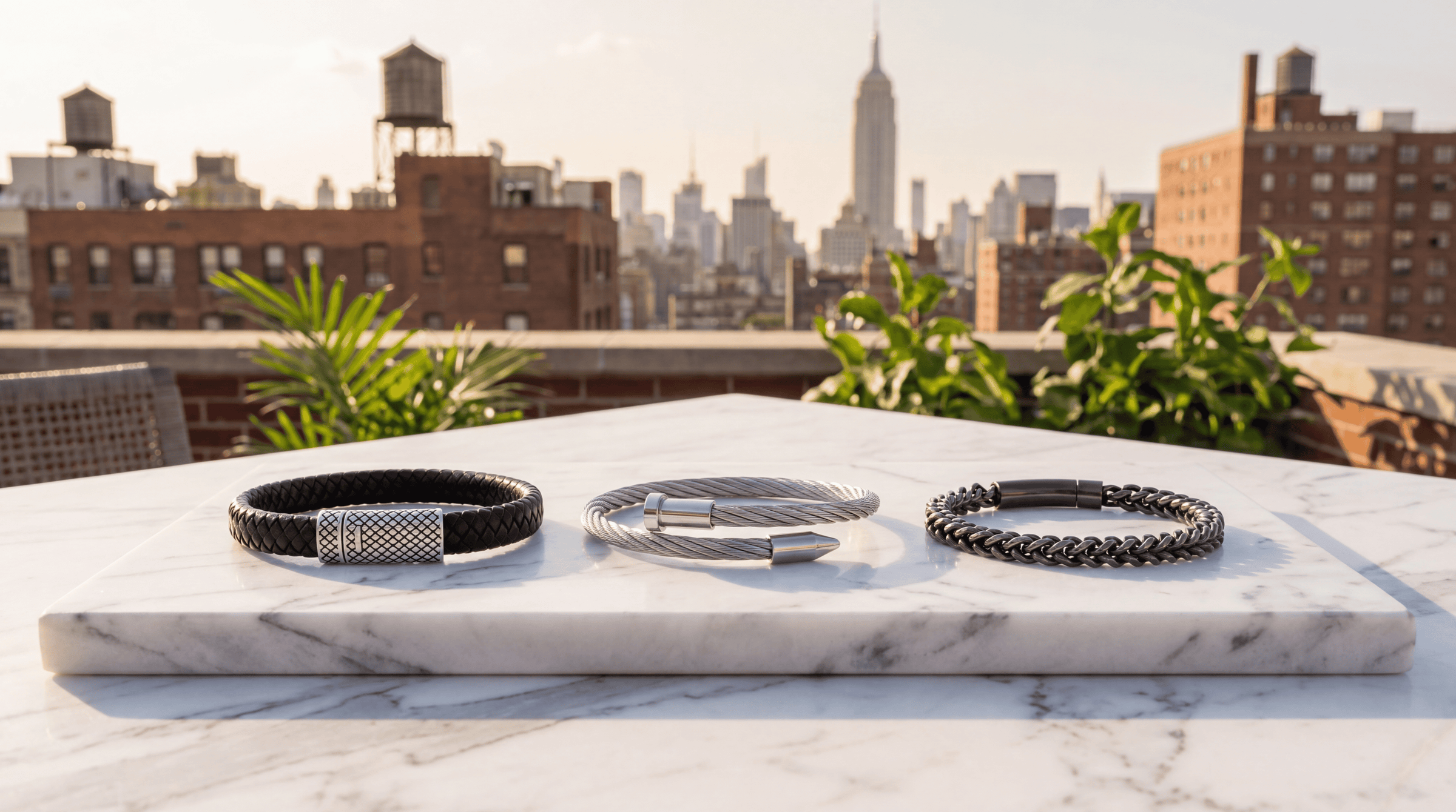 Three bracelets on a marble surface with a city skyline in the background