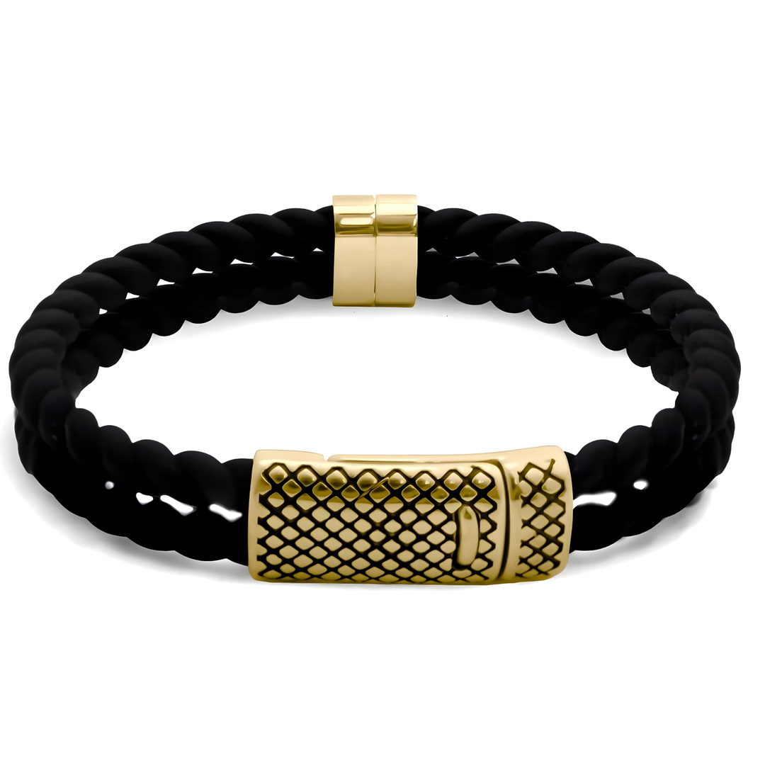Black braided bracelet with gold magnetic clasp on a white background