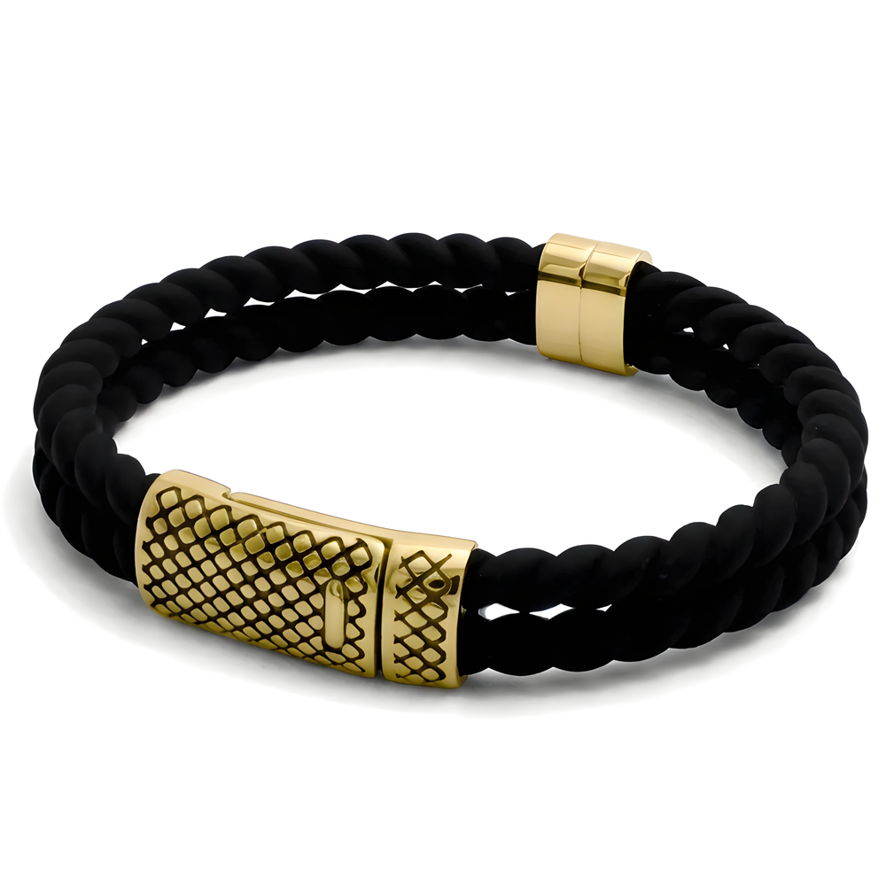 Black braided bracelet with gold clasp on a white background