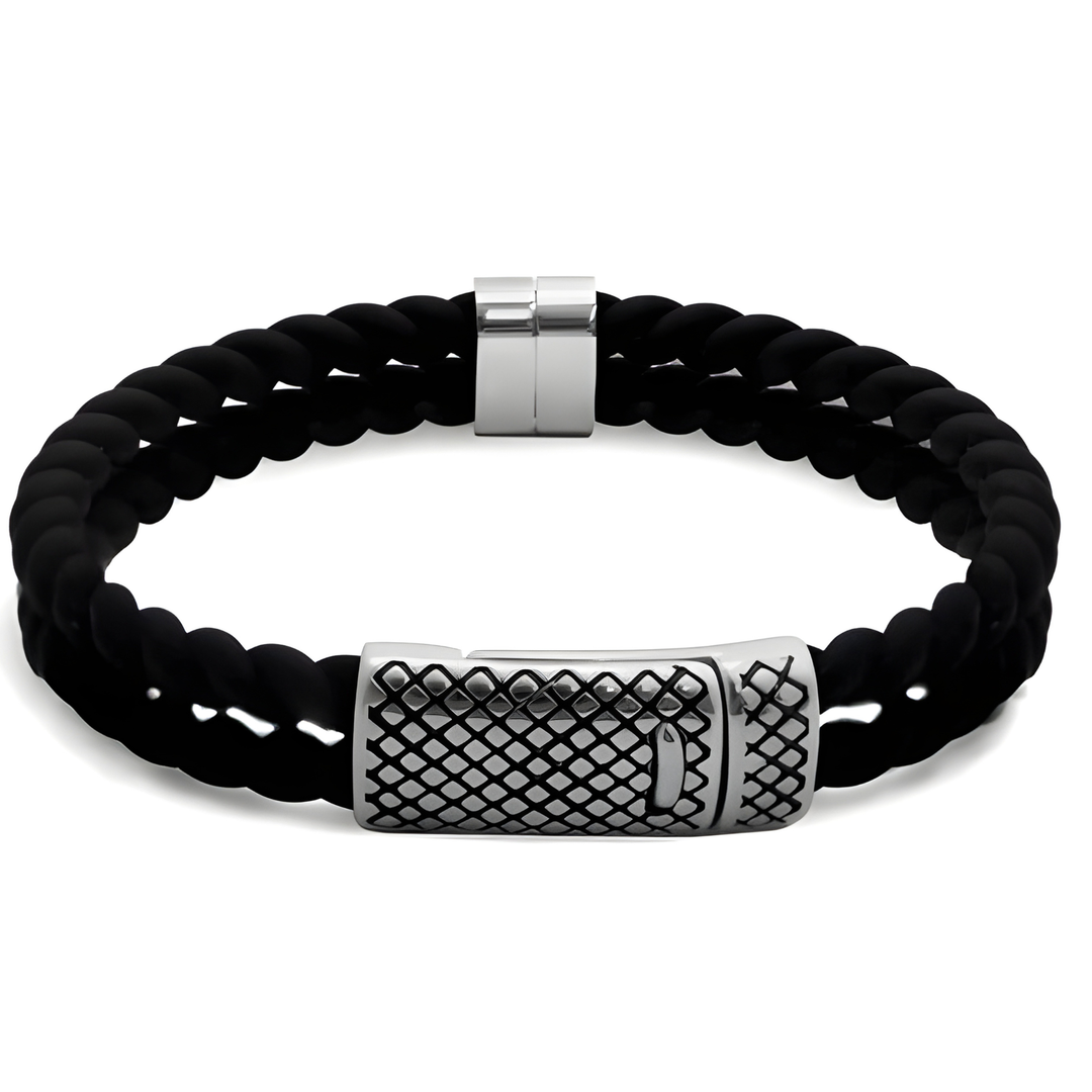 Black braided bracelet with silver metal clasp on a white background