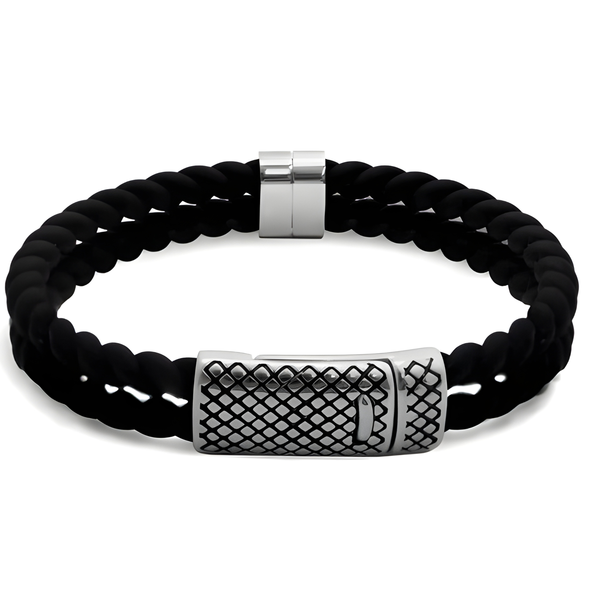 Black braided bracelet with silver metal clasp on a white background