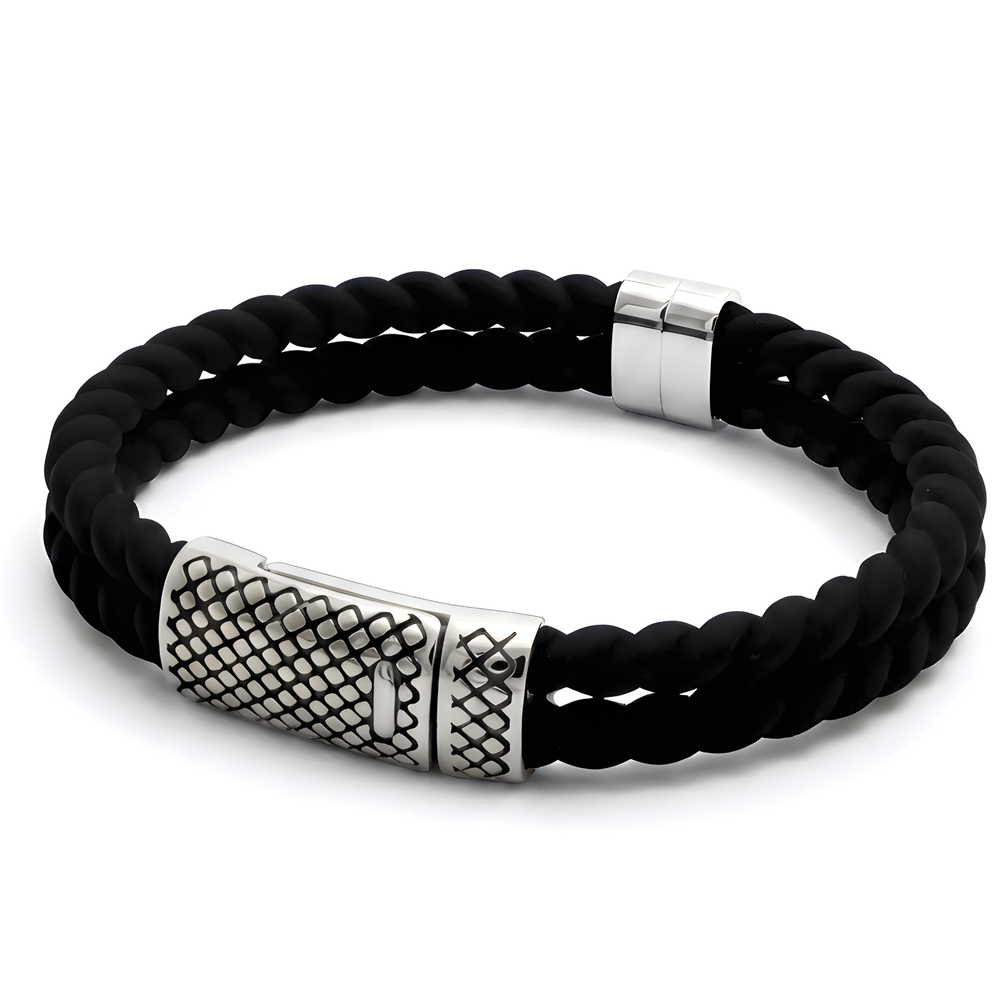 Black braided bracelet with silver clasp on a white background
