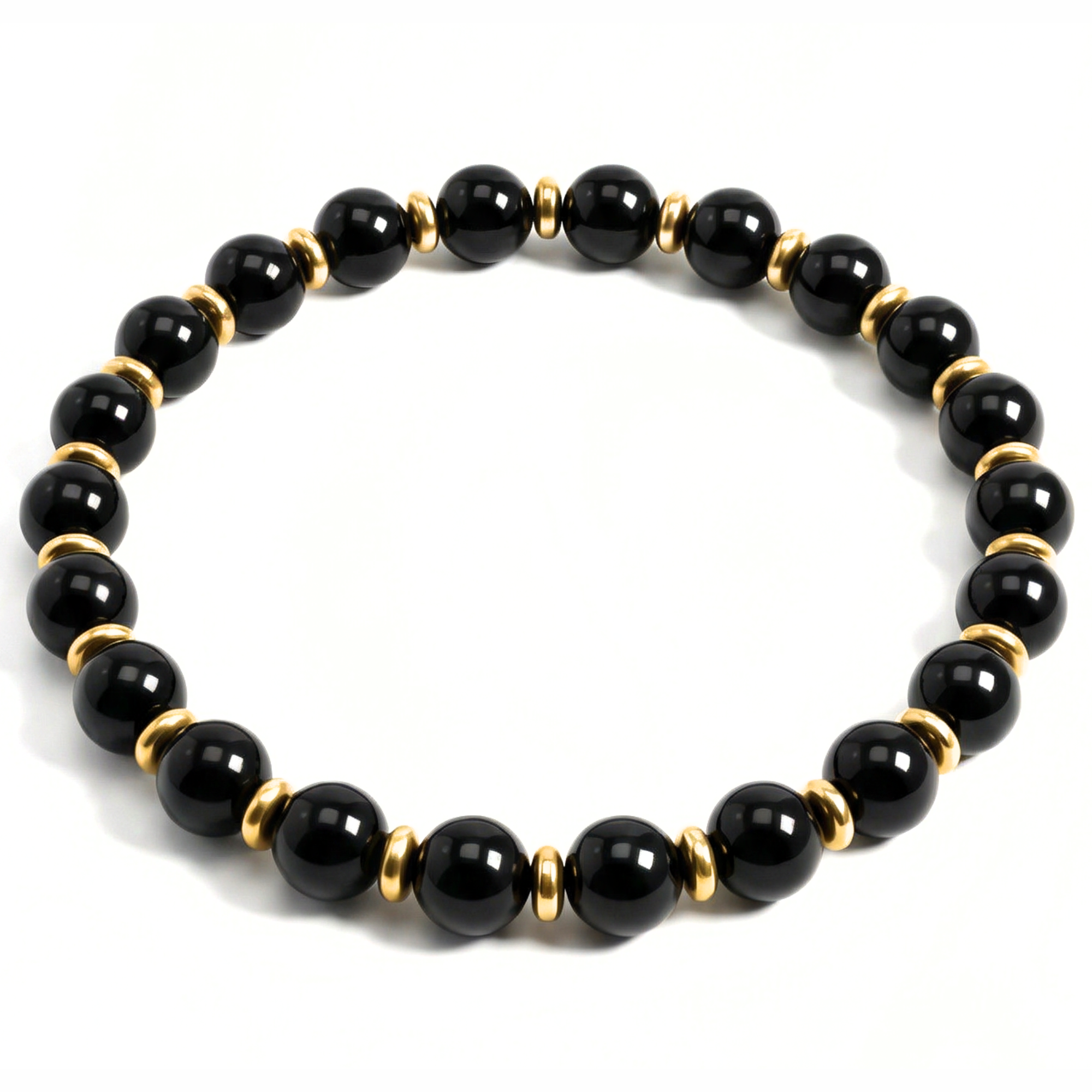 Black beaded bracelet with gold accents on a white background