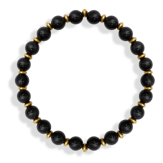 Black beaded bracelet with gold accents on a white background