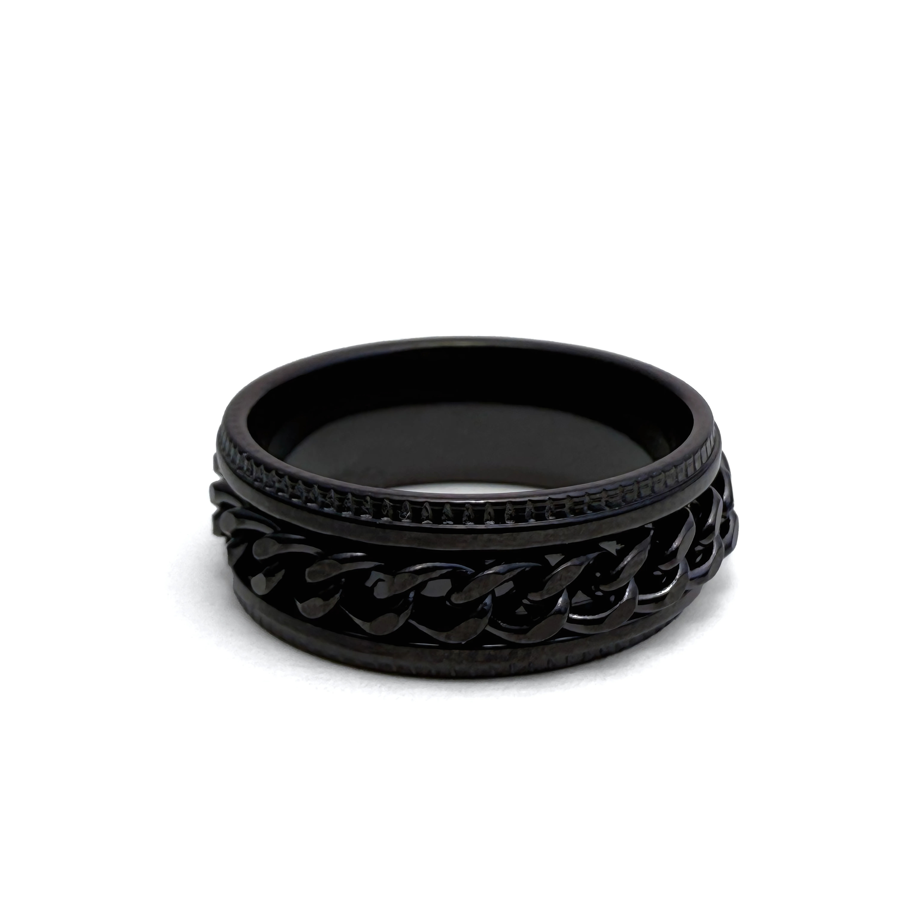 This image features a stylish men's ring, characterized by its all-black color. The ring appears to be made of a polished, smooth black metal 