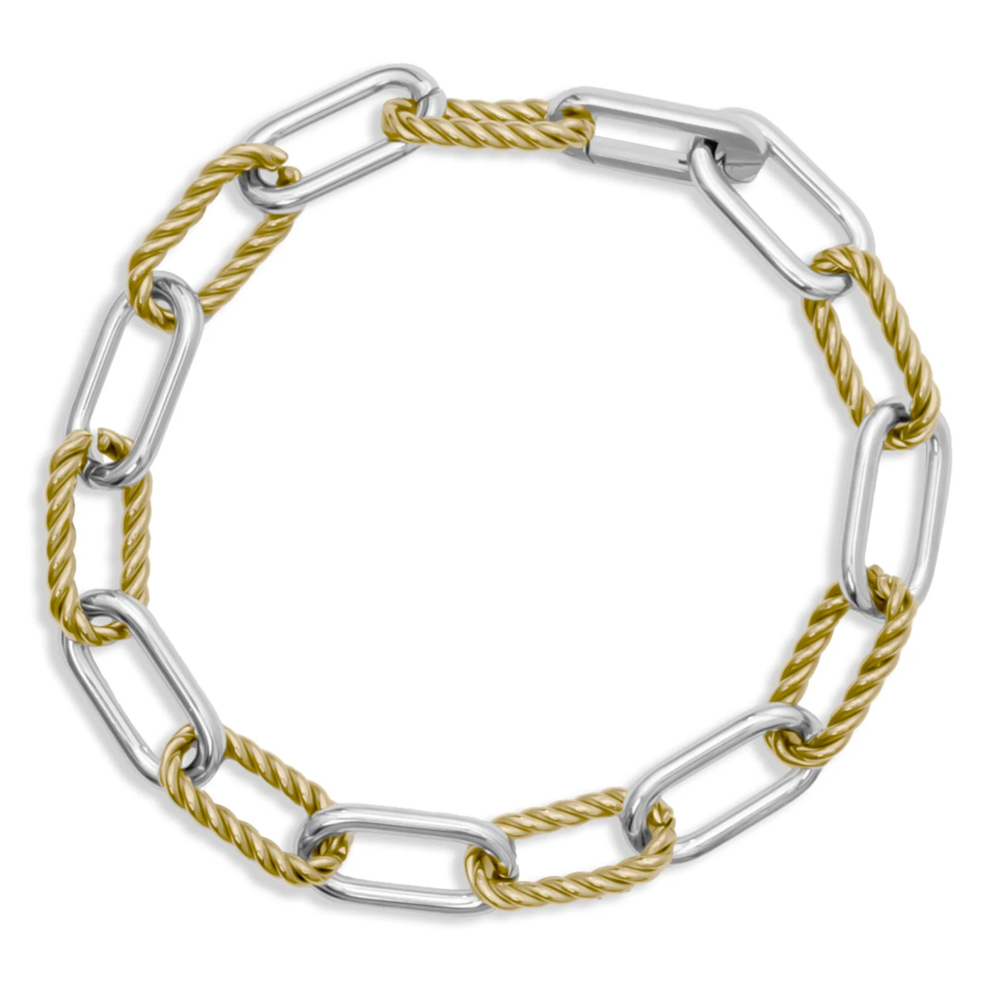 Two-tone silver and gold chain bracelet on a white background