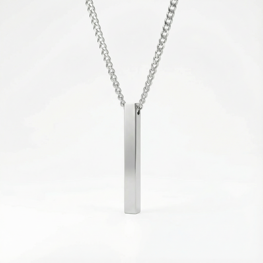 Stainless steel necklace with a vertical bar pendant on a white background