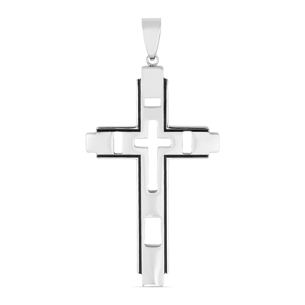 Stainless steel cross pendant with black accents on a white background