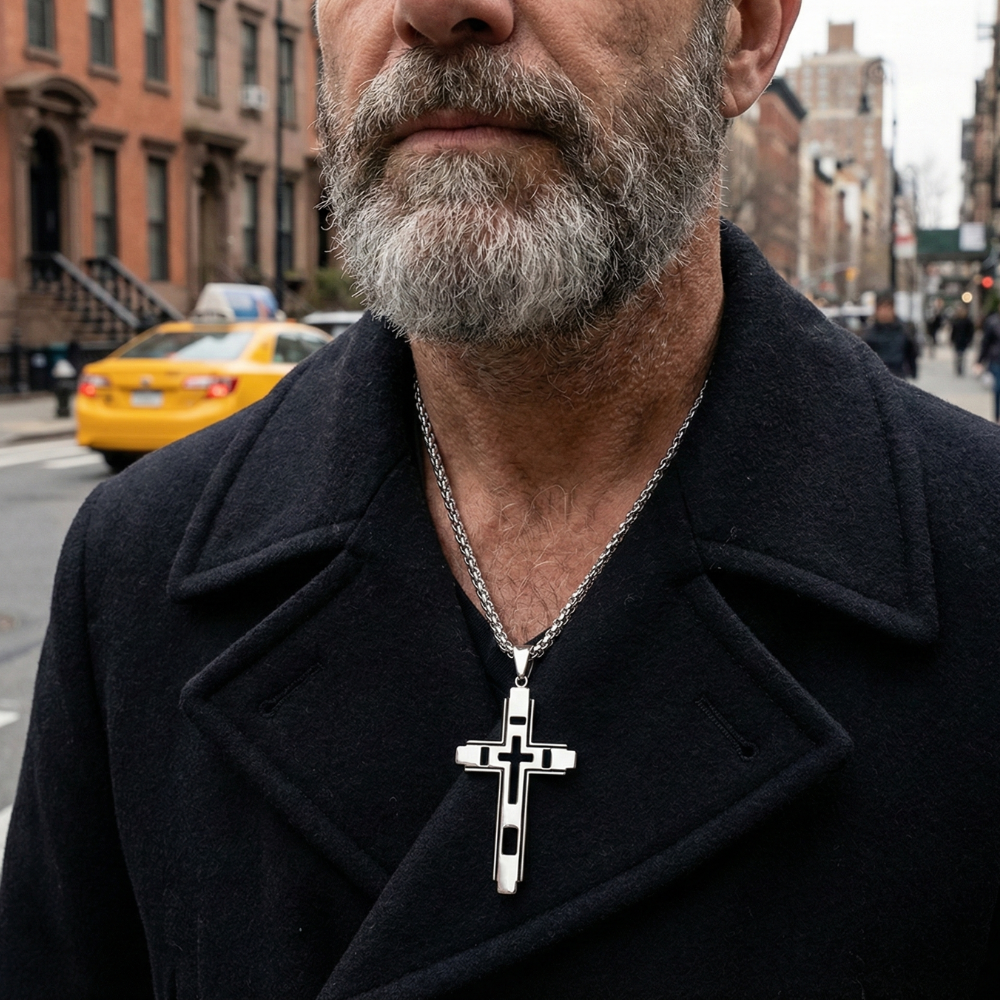 Man wearing a black coat with a cross pendant on a city street