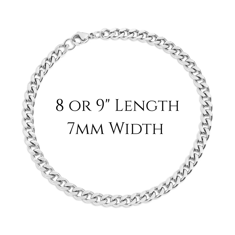 Stainless steel bracelet with dimensions on a white background. 8 or 9" length 7mm width