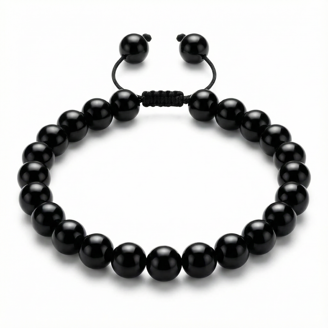 Black beaded bracelet on a white background