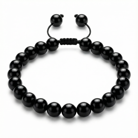 Black beaded bracelet on a white background