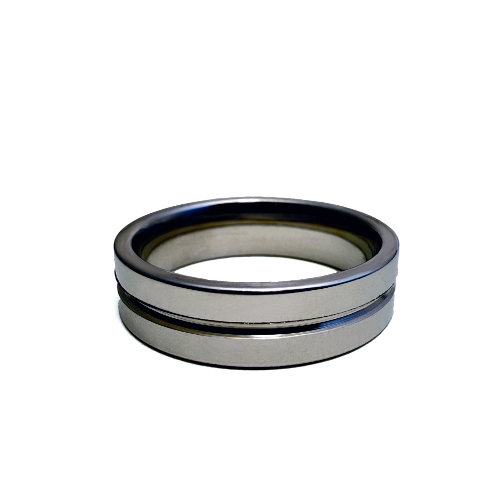 This image features the "Empire Ring," a sleek and stylish accessory. The ring is presented in a polished, metallic finish, showcasing a minimalist design with a modern appeal.