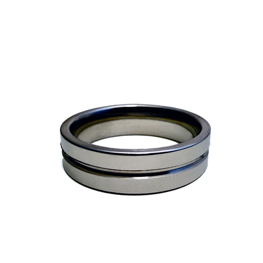 This image features the "Empire Ring," a sleek and stylish accessory. The ring is presented in a polished, metallic finish, showcasing a minimalist design with a modern appeal.