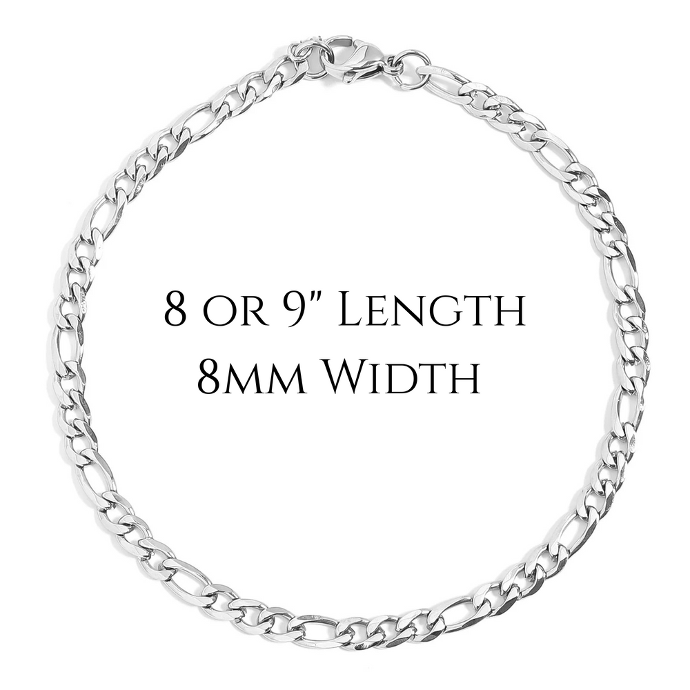 Silver chain bracelet with text indicating length and width on a white background
