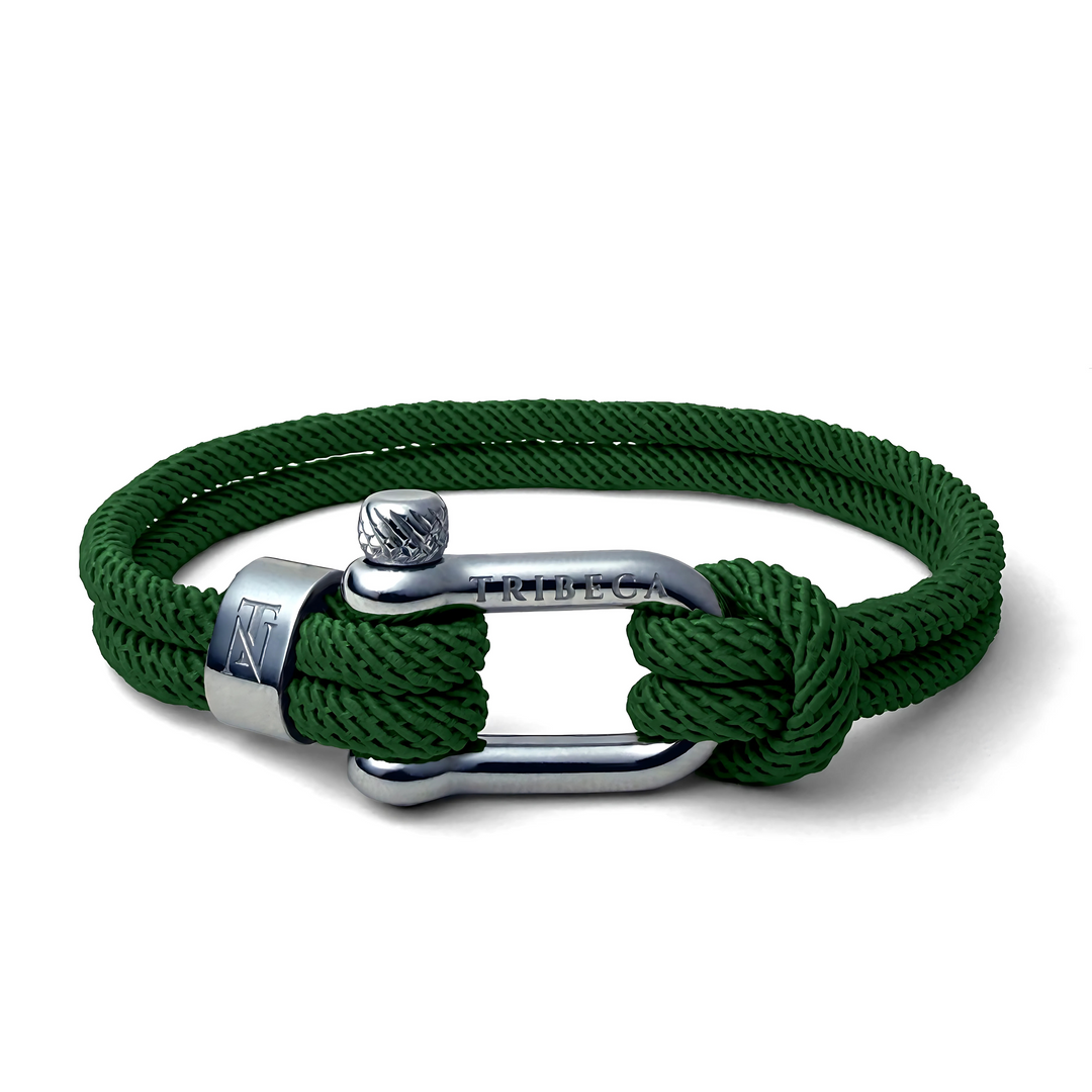 Green rope bracelet with stainless steel shackle clasp and binding accents