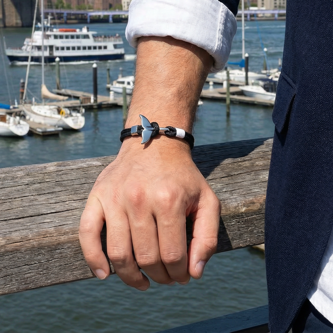 Hand wearing a bracelet with a marina in the background