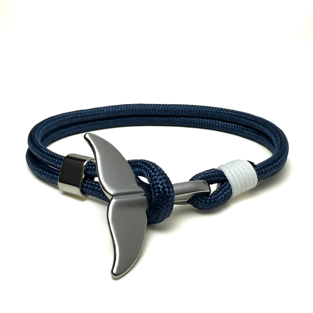 Blue rope bracelet with steel whale fin and steel binding - front view