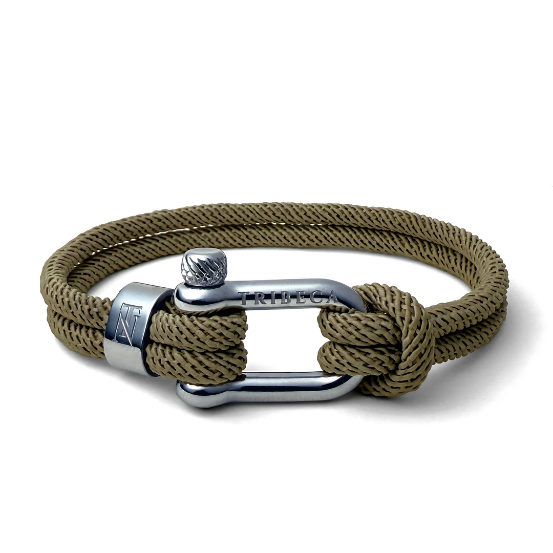 Beige rope bracelet with stainless steel shackle clasp and binding accents