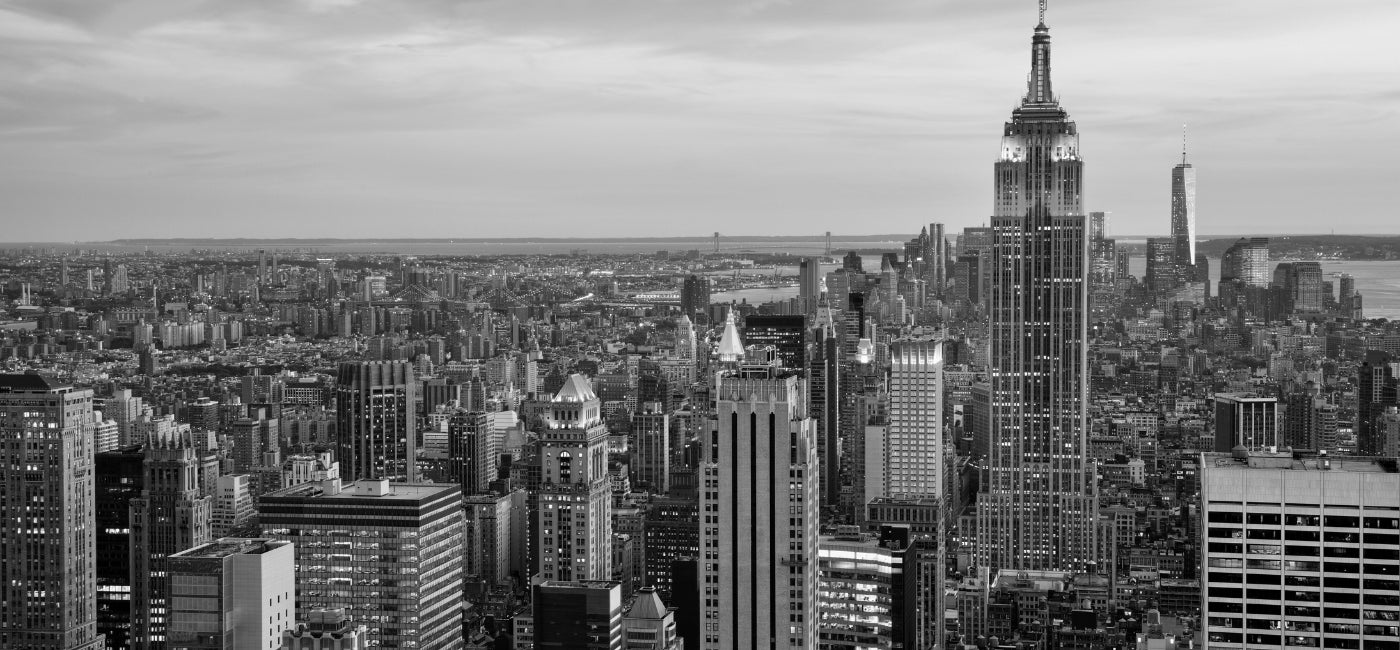 A wide angle aerial view of New York City showing the Empire State building and the Freedom Tower 