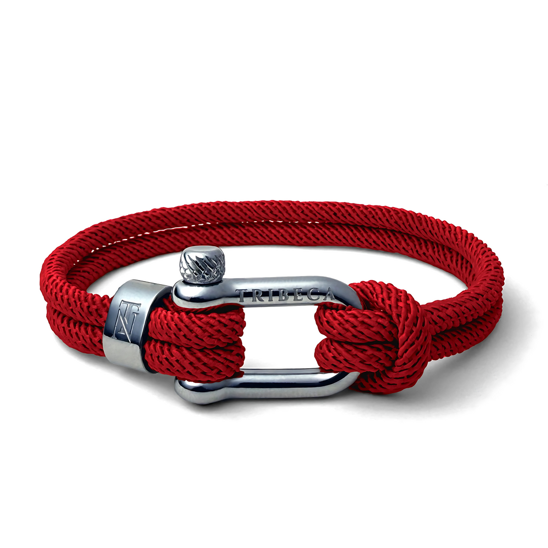 Red rope bracelet with stainless steel shackle clasp and binding accents