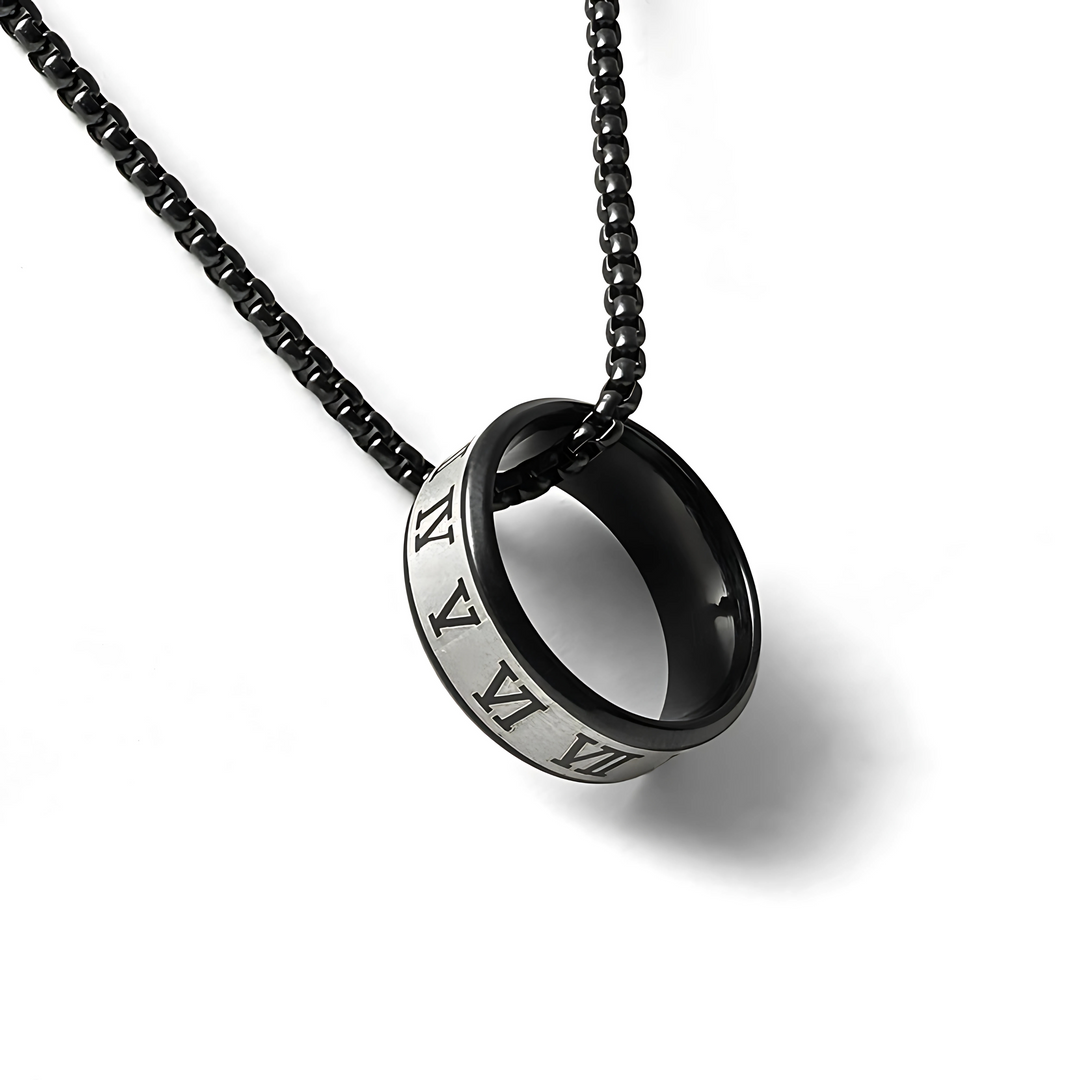 A black necklace with a circular pendant featuring Roman numerals.