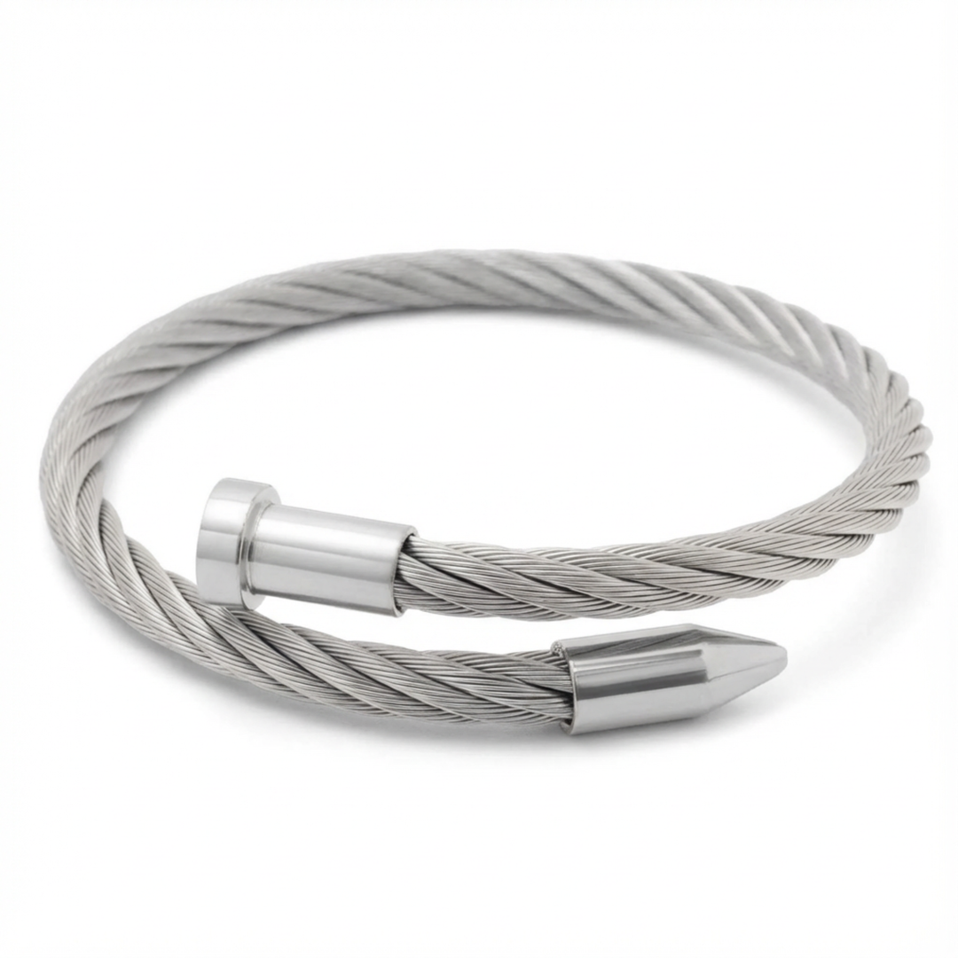 Stainless steel cable bracelet with a magnetic clasp on a white background