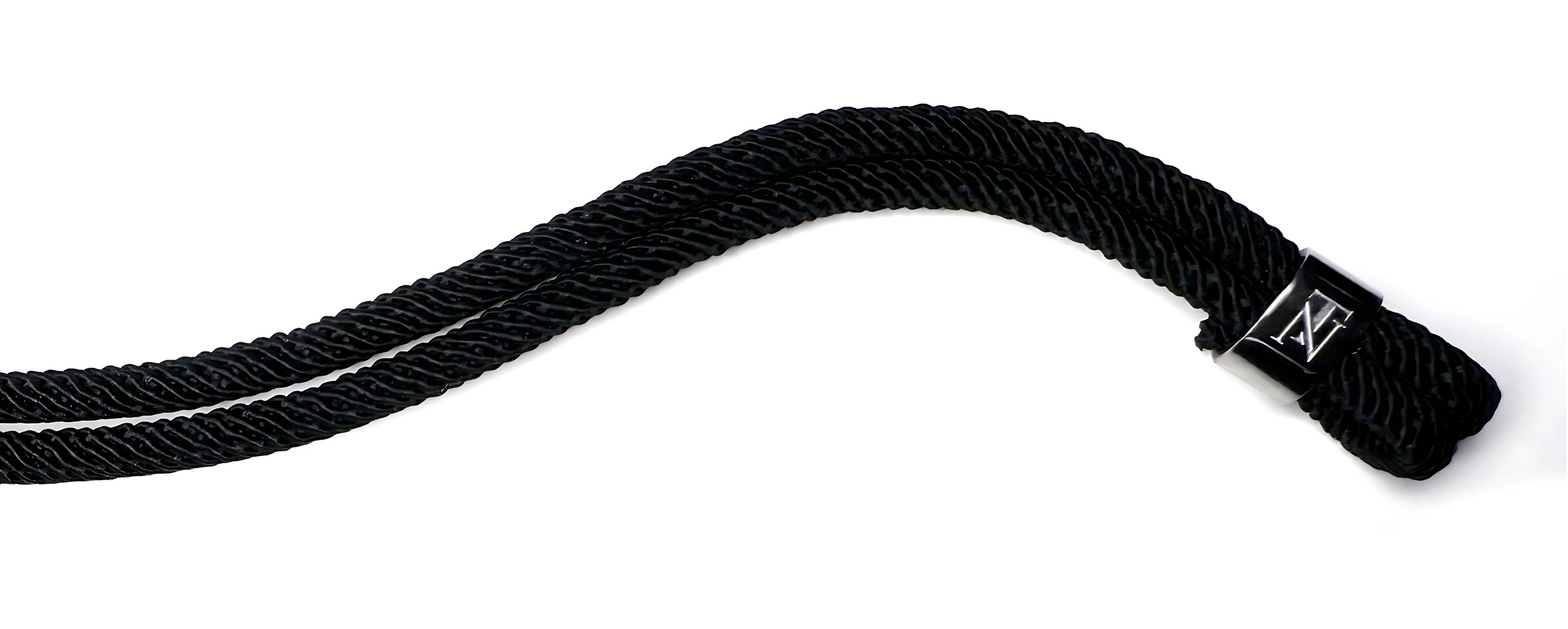 A black rope bracelet with a stainless steel clasp 