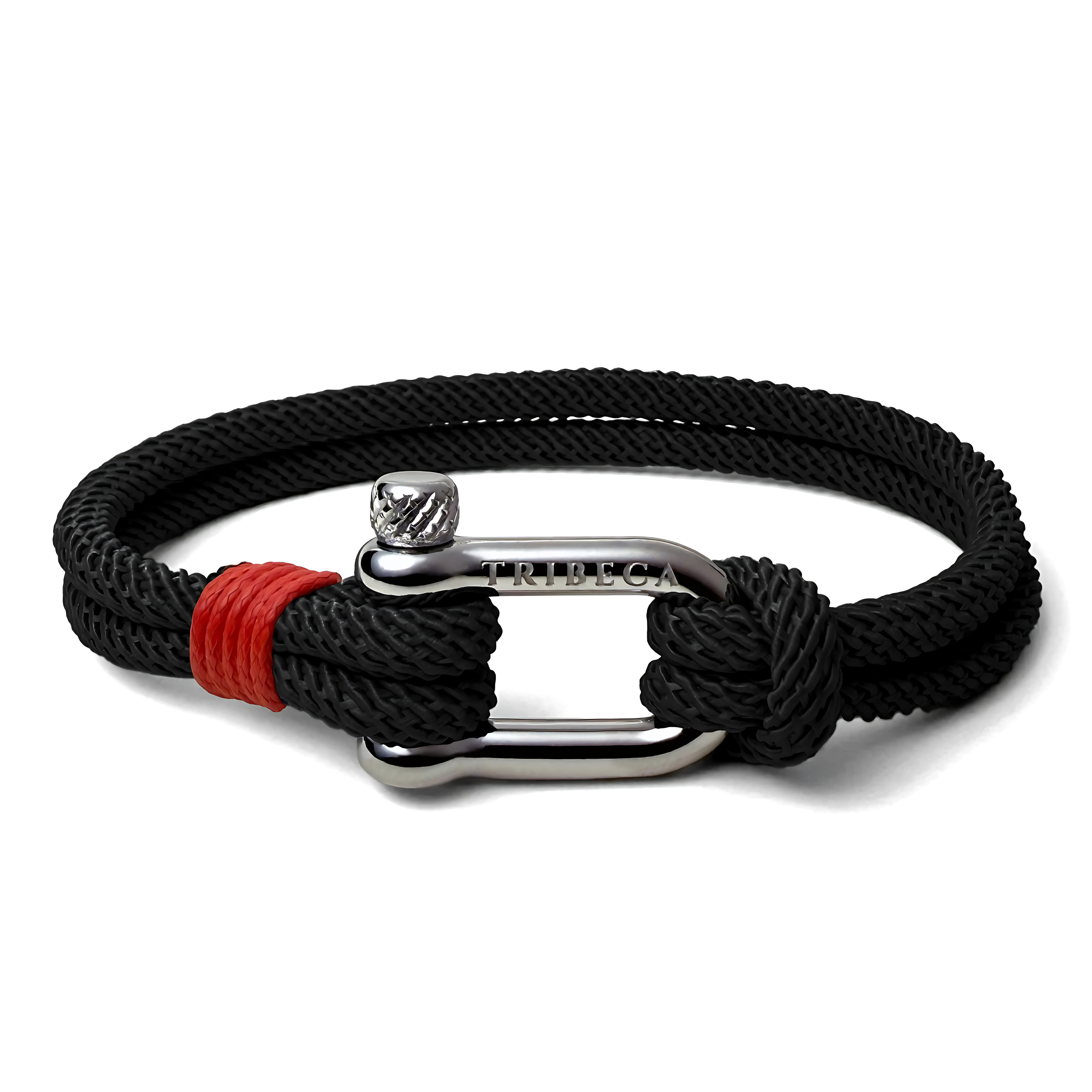 Black rope bracelet with steel shackle clasp and red binding - front view