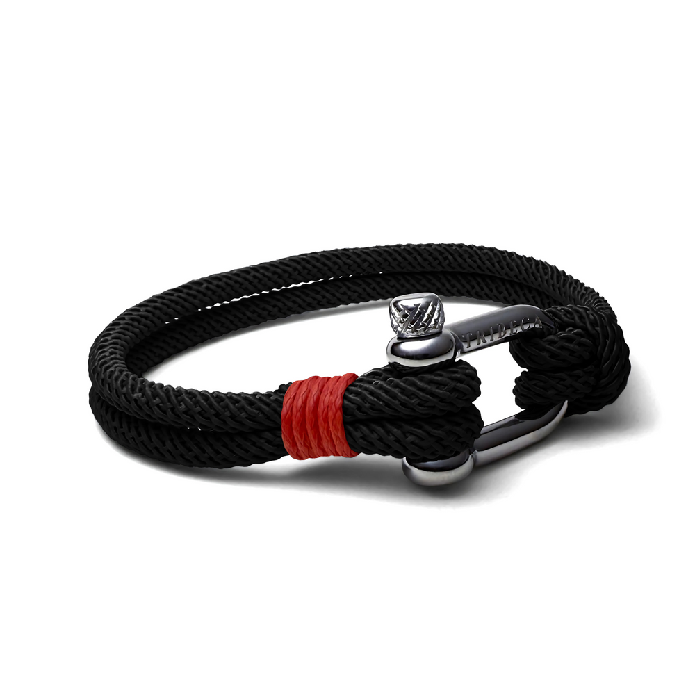 Black rope bracelet with steel shackle clasp and red binding - side view