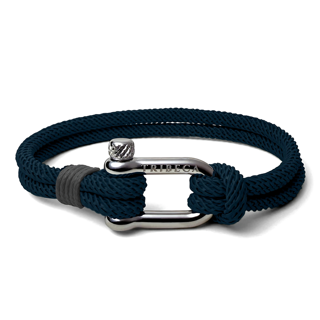 Dark blue rope bracelet with steel shackle clasp and grey binding - front view