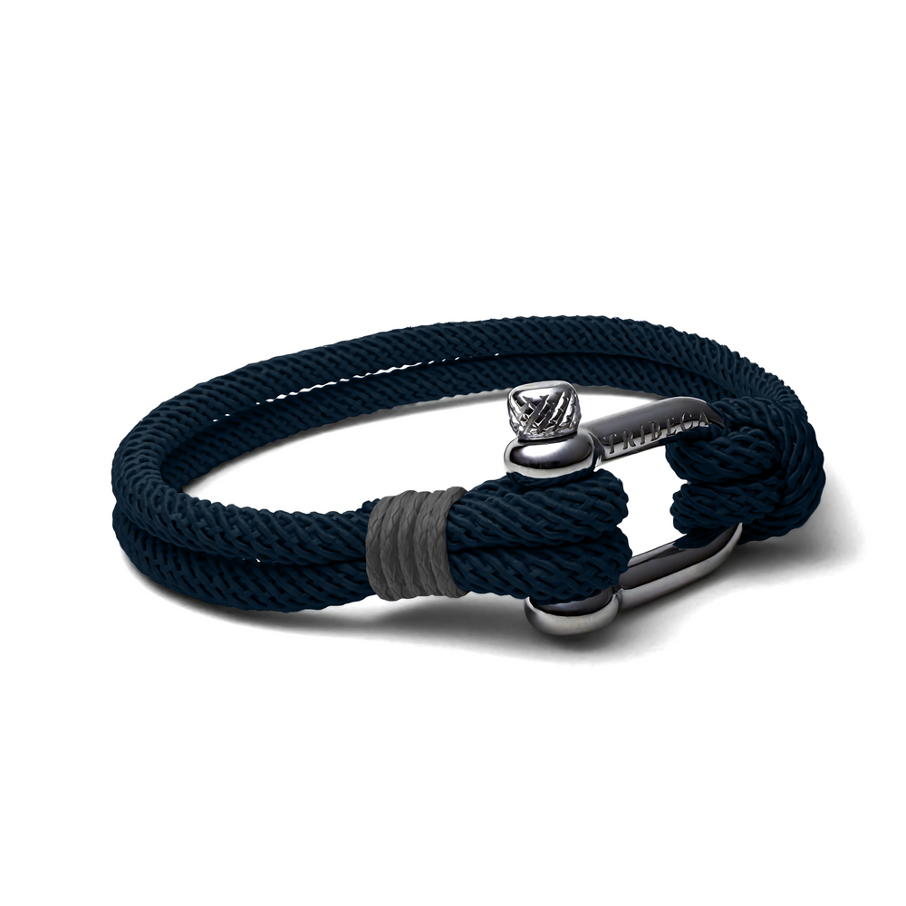 Dark blue rope bracelet with steel shackle clasp and grey binding - side view