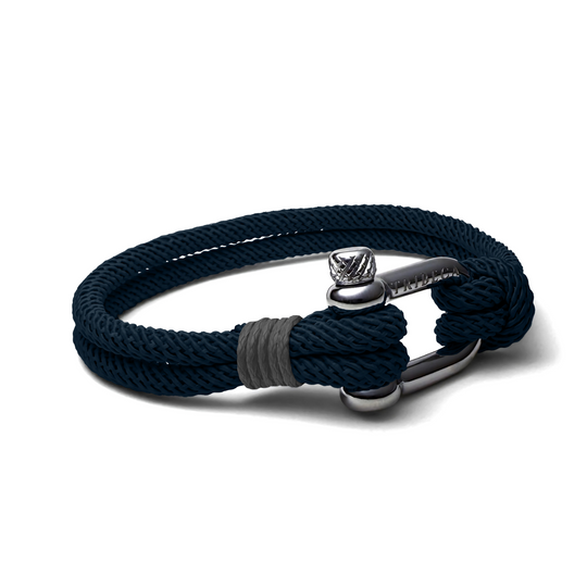 Dark blue rope bracelet with steel shackle clasp and grey binding - side view